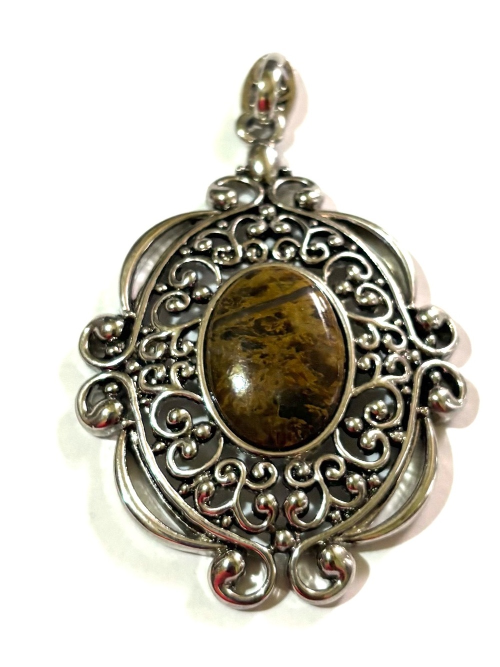 Vintage Silver Filigree Pendant with Brown Marbled Stone